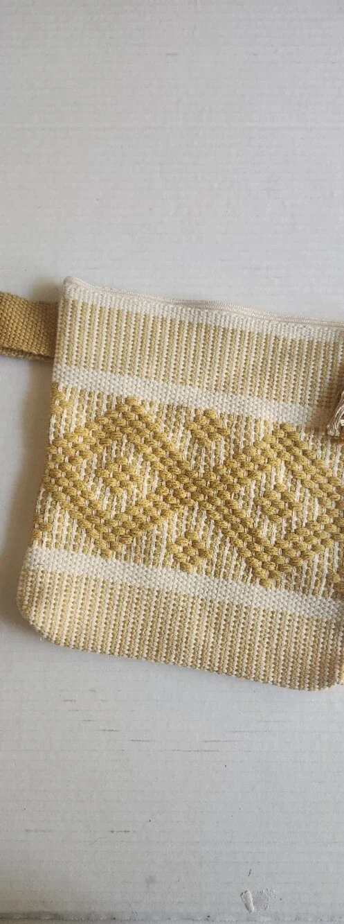 Vintage Woven Boho Clutch Wristlet Mustard Yellow Cream Tassel Zip Pouchj